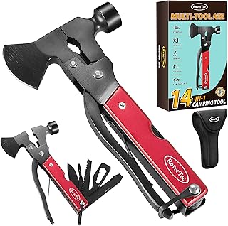 RoverTac 14-in-1 Multitool Camping Axe Hatchet – Essential Camping Gear with Knife, Hammer, Saw, Bottle Opener, Screwdriver – Multi Tool with Sheath – Gifts for Men, Dad, and Outdoor Adventures