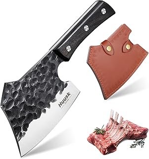 Huusk Meat Cleaver Knife Heavy Duty Bone Chopper, Hand Forged Kitchen Axe with Sheath, Full Tang Bone Chopping Knife, Japanese Butcher Knife for Meat Cutting, Kitchen Father Gift Idea Men