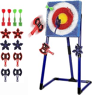 Axe Throwing Bristle Target with 4 Axes, 4 Ninja Stars and 4 Darts for Teen and Family, Axe Throwing Game for Backyard, Indoor &Outdoor, Yard Games, Carnival Games
