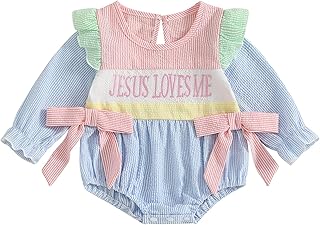 Newborn Baby Girl Fall Clothes Jesus Loves Me Embroidery Bubble Romper Striped Long Sleeve Bodysuit Baptism Outfit
