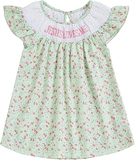 KMBANGI Toddler Baby Girl Christian Outfit Jesus Loves Me Dress Ruffle Sleeveless Smocked Dresses Baptism Outfit Princess