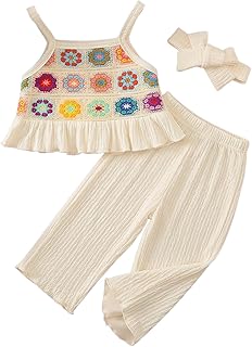 Sponsored Ad - Toddler Baby Girl Summer Clothes Outfits Crocheted Ruffle Camisole Pants Kids Clothing Set