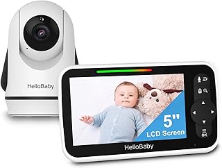 HelloBaby 5 Inch Video Baby Monitor with Camera and Audio, Remote Pan-Tilt-Zoom Camera with Night Vision, 2-Way Talk, Temperature, 8 Lullabies and 1000ft Range Baby Monitor No WiFi Needed