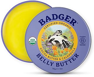 Badger Belly Butter, Organic Stretch Mark Cream for Pregnant Belly, Rich Hypoallergenic Moisturizing Organic Cocoa Butter & Coconut Body Butter for Women, 2 oz Tin