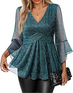 VALOLIA Womens Sparky Tops 3/4 Sleeve Glitter Sequin Shiny Dressy Blouses V Neck Party Evening Cocktail Shirts
