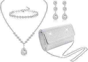 Sponsored Ad - Subiceto 4Pcs Silver Clutch Purse Jewelry Set for Women Evening Rhinestone Purse Crystal Necklace Earrings Bracelets Set Silver Accessories for Women Bride Wedding Jewelry