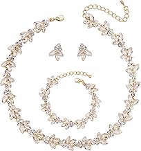 Bridal Wedding Crystal Leaf Choker Necklace Dangle Earring Bracelet Brides Bridesmaid Jewelry Set for Women