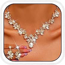 Unicra Rhinestone Bridal Wedding Jewelry Sets Gold Necklace Earrings Set Leaf Prom Formal Costume Jewelry Set for Women and Brides