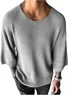 Sponsored Ad - Men's Drop Shoulder 3/4 Sleeve Sweaters Crew Neck Ribbed Knit Tops