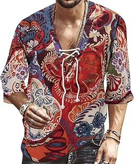 Sponsored Ad - Men's Fashion Shirt Short Sleeve Beach V-Neck Drawstring Printing Yoga African Summer Top