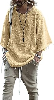 Men's Fashion Linen Hip Hop Shirt Loose Fit Casual Vintage Distressed Frayed 3/4 Sleeve Top Fall Blouse Shirt