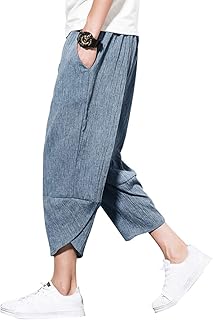 Men's Harem Capri Pants, Wide Leg Mens Capris, Summer Linen Pants