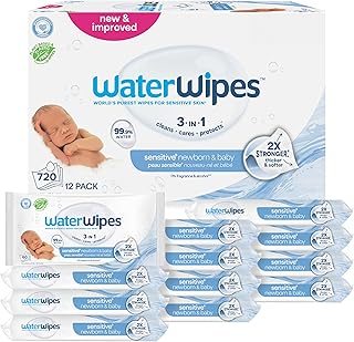 WaterWipes Sensitive+ Newborn & Baby Wipes, 3-In-1 Cleans, Cares, Protects, 99.9% Water, Unscented & Hypoallergenic, 720 Count (12 Packs)