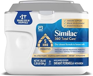Similac 360 Total Care Infant Formula, Has 5 HMO Prebiotics, Our Closest Prebiotic Blend to Breast Milk, Non-GMO, Baby Formula Powder, 20.6-oz Tub