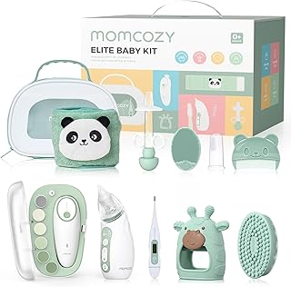 Momcozy Elite Baby Kit, Superior Baby Shower & Registry Essential Kit for Grooming & Health & Cleansing Care, Electric Nail File & Nasal Aspirator,Tummy Wrap,Thermometer,Bath Brush,Teether,Storage Bag