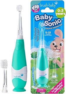 brush-baby BabySonic Infant and Toddler Electric Toothbrush for Ages 0-3 Years - Smart LED Timer and Gentle Vibration Provide a Fun Brushing Experience - Includes 2 Sensitive Brush Heads (Teal)