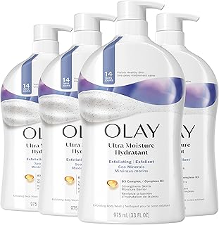 Body Wash for Women, Ultra Moisture, Exfoliating Formula, 24hr Moisturizing, Hydrating & Replenshing, B3 Vitamin Complex, For All Skin Types, Sea Minerals Scent, 33 fl oz (Pack of 4)