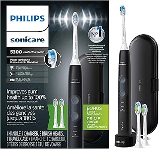 ProtectiveClean 5300 Rechargeable Electric Toothbrush, with Pressure Sensor, 3 Cleaning Modes, SmarTimer and QuadPacer, with 2 Bonus Brush Heads, Travel Case, Black, Model HX6423/34