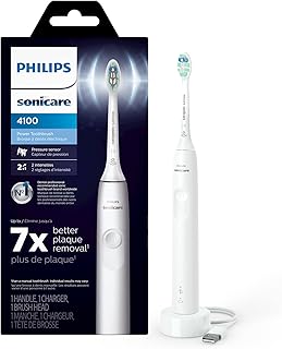 4100 Rechargeable Electric Toothbrush, with Pressure Sensor, 2 Intensity Settings, SmarTimer and QuadPacer, 14-Day Battery Life, White, Model HX3681/23