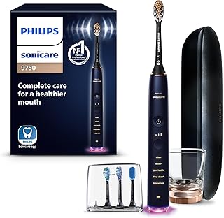 DiamondClean Smart 9750 Electric Toothbrush, Sonic Toothbrush with App, Pressure Sensor, Brush Head Detection, 5 Brushing Modes and 3 Intensity Levels, Lunar Blue, Model HX9954/74