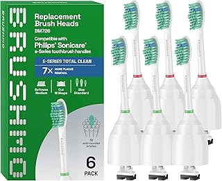 Sponsored Ad - e-Series Total Clean Replacement Toothbrush Heads, Compatible with Philips Sonicare Screw-on Electric Toothbrush Handles, 6 Standard Heads, Medium Firm Dupont Bristles, BM726, White