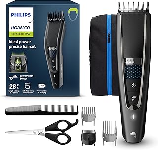 Philips Hair Clipper 7000 Series, Hair and Beard Trimmer, Precision Dial, PowerAdapt Sensor, Trim-and-Flow, DualCut, DuraPower, 28 Length Settings, 90 Min. Runtime, HC7650/40