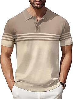 Men's Knit Polo Shirts Short Sleeve Striped Golf Polo Shirts Lightweight Casual Collared T Shirt