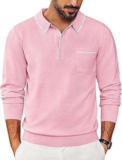 Mens Knit Polo Long Sleeve Collared Sweater Polo Business Casual Polos with Pocket