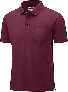 Mens Polo Shirts with Pocket Cotton Pique Short Sleeve Collared Shirt Moisture Wicking Golf Shirts 3-Button Shirts