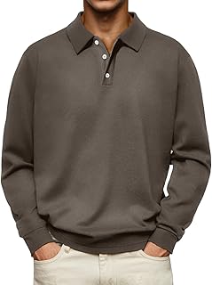 Men's Casual Polo Shirts Long Sleeve Basic Thermal Pullover Tops Classic Collar Solid Golf Shirts