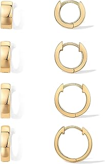 Sponsored Ad - PAVOI 18K Gold Plated Sterling Silver Posts Small Hoop Earrings for Women - Trendy Geometric Plain Chunky Huggie Earscape Piercing Pack - Everyday Gold Hoop Earrings Set